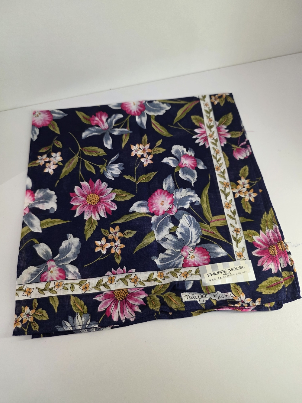 Philippe Model Navy Floral Cotton Scarf - Pink & White Flowers